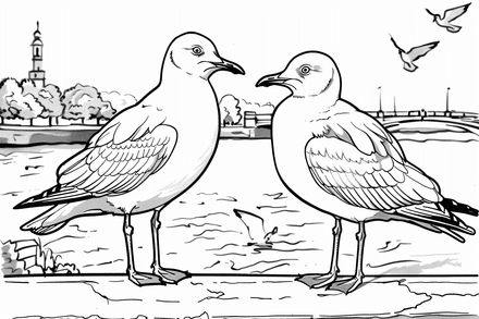 Colouring pages, bundle of seagulls on the seaside, 10 images