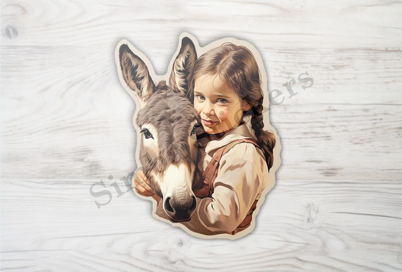 Donkey held by small girl of European origin iin cowgirlish clothes