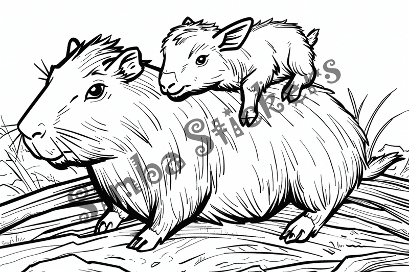 Colouring pages, bundle of capybaras with animals on back, 10 images