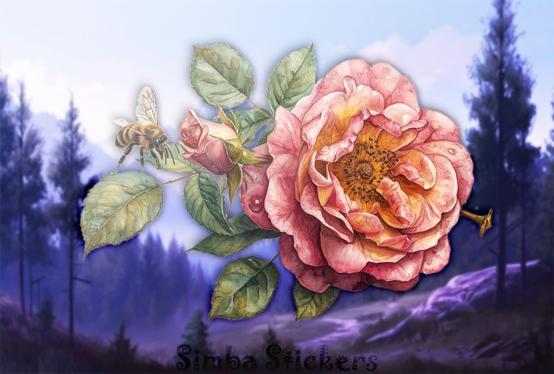 Bee approaching a pink rose flower