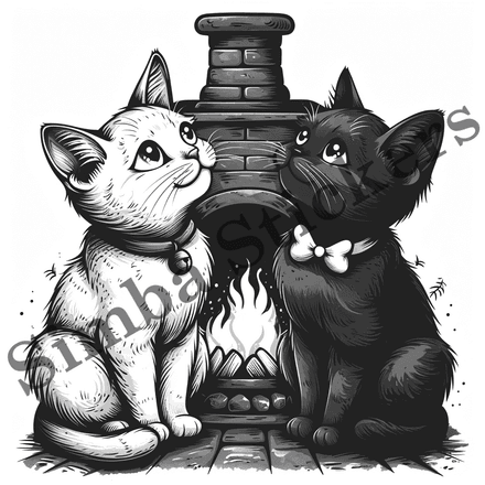 Cats by fireplace, outline art, image set, 10 images
