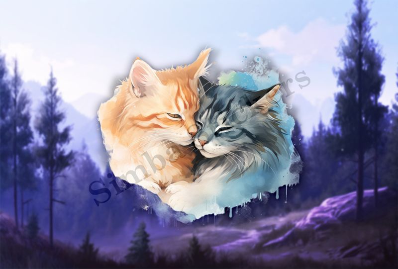 Cats cuddling, watercolour