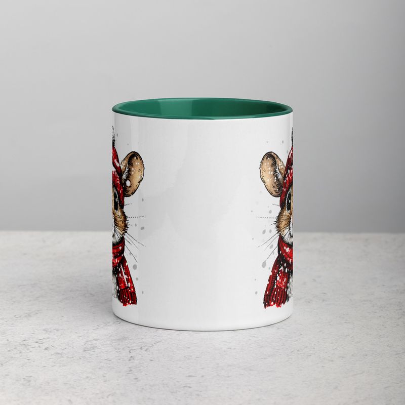 White Ceramic Mug with Color Inside, 11&amp;15oz, Mouse wearing red winter hat and scarf in snow, xg8dl3