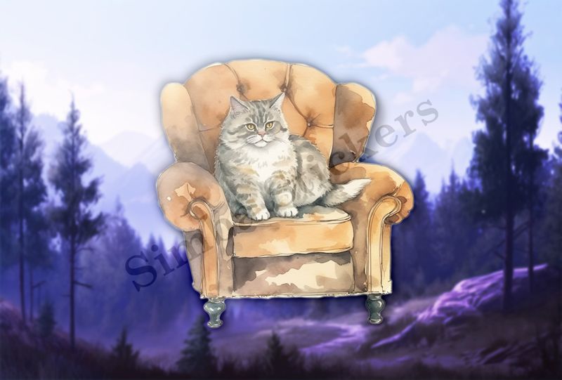 Cat in an armchair, watercolour