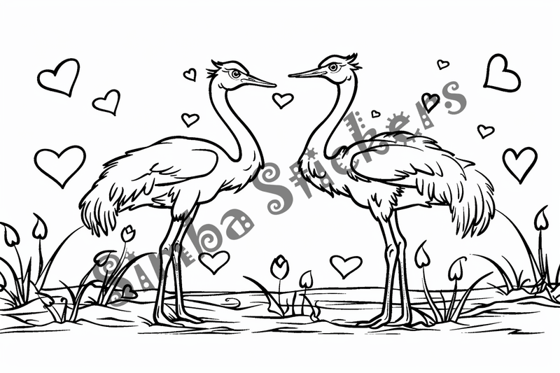 Colouring pages, bundle of ostriches in love, 10 images