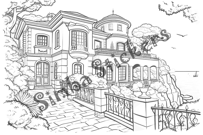 Colouring pages, bundle of houses overlooking the sea, 10 images