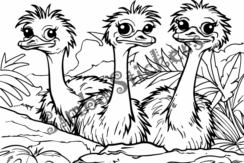Colouring pages, bundle of multiple ostriches, 10 images