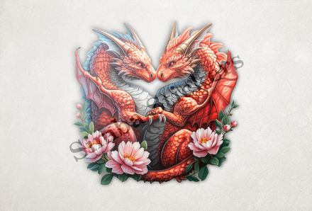 Red dragons in love, pink flowers, watercolour