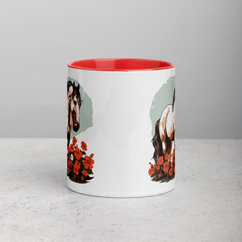 White Ceramic Mug with Color Inside, 11&amp;15oz, Brown horse in field of red flowers, n4w2fj