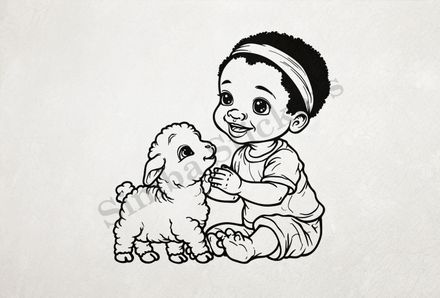 Sheep lamb looking up to small boy of African origin, outline art