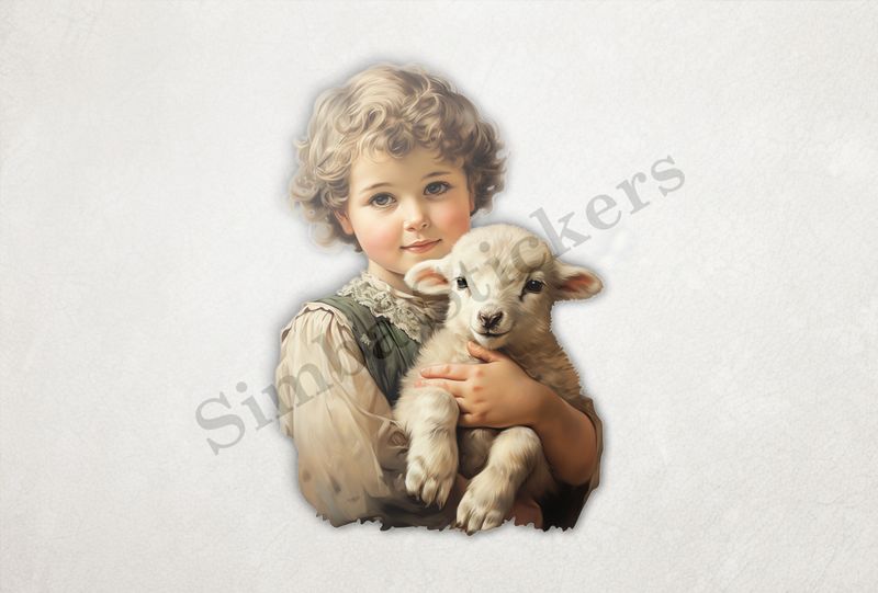 Cute lamb in the arms of a small boy, vintage