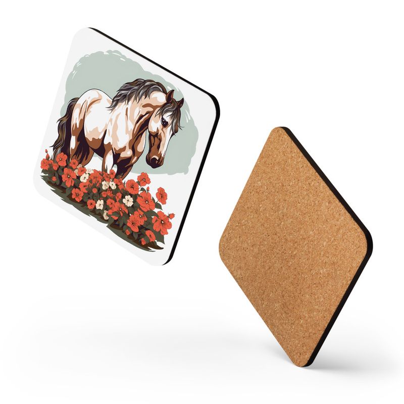 Cork-Back Coaster, Brown horse in field of red flowers, n4w2fj