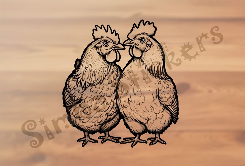 Rooster and hen chicken cuddling beak-to-beak, outline art