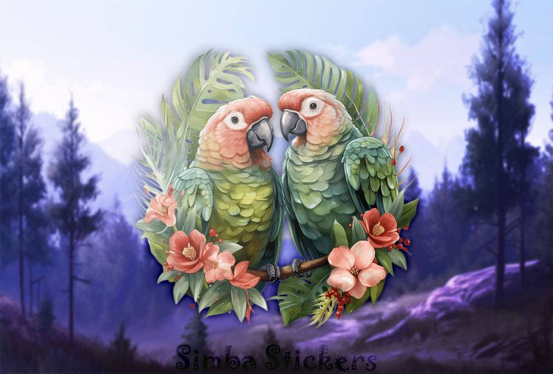 Green parrots in green leaves and pinkish flowers, watercolour, yk2x8b