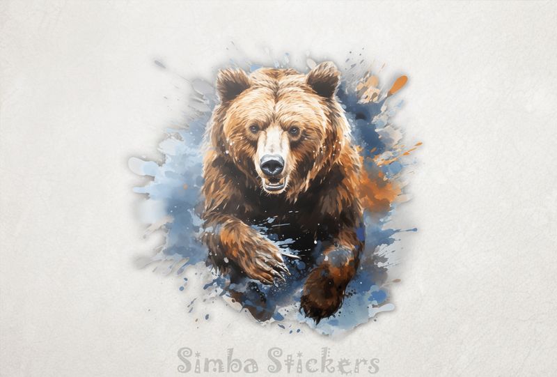 Bear charging and panting, splashing watercolour, aejqf2