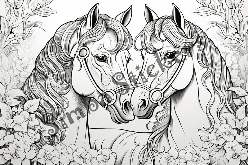 Colouring pages, bundle of horses in love, 10 images