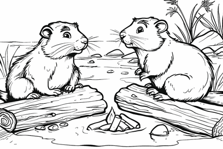 Colouring pages, bundle of groundhogs on or near tree logs, 10 images