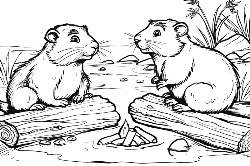 Colouring pages, bundle of groundhogs on or near tree logs, 10 images
