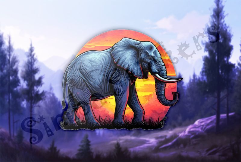 Elephant walking in front of sunset, watercolour