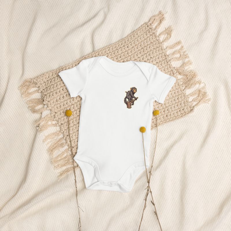 Organic Cotton Baby Bodysuit, 3-18 months, Baboon on a tree, looking sad, left chest