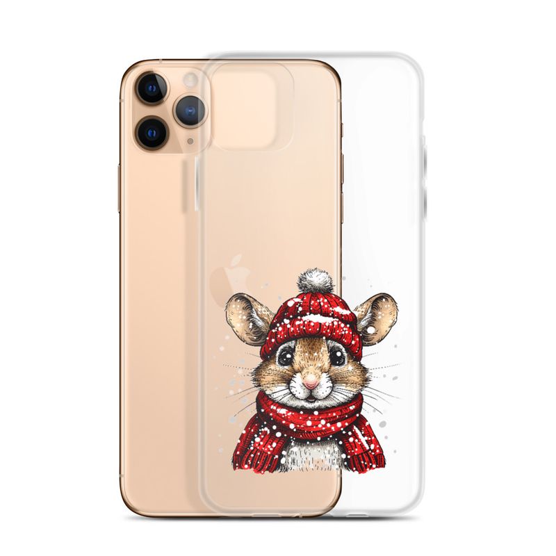 Clear Case for iPhone, Mouse wearing red winter hat and scarf in the snow, xg8dl3