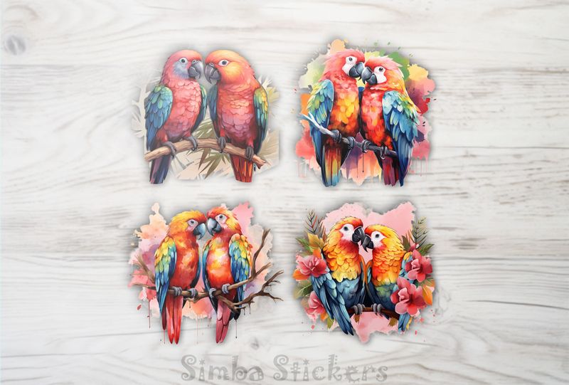 Parrots in love perching nose-to-nose, watercolour, 4-in-1, wbxkpp