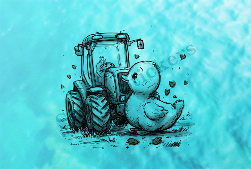 Duckling glancing lovingly at farmer&#x27;s tractor, outline art