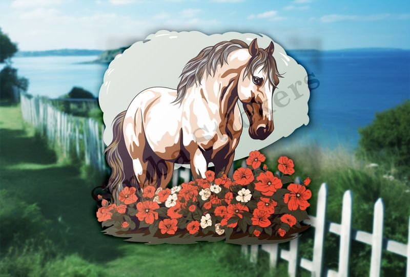 Brown horse in field of red flowers, n4w2fj