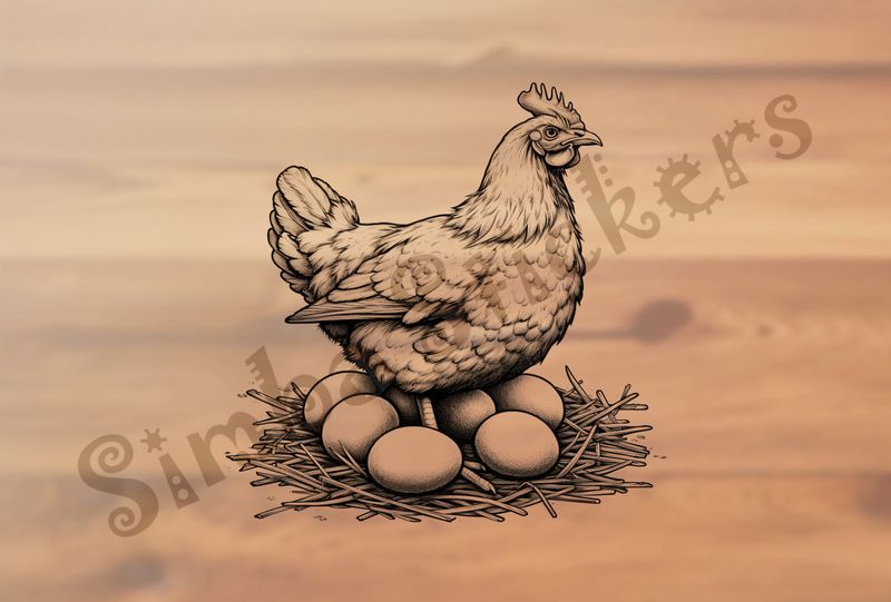 Hen brooding over many eggs, outline art