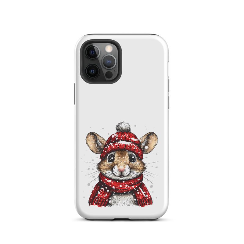 Tough Case for iPhone, Mouse wearing red winter hat and scarf in the snow, xg8dl3