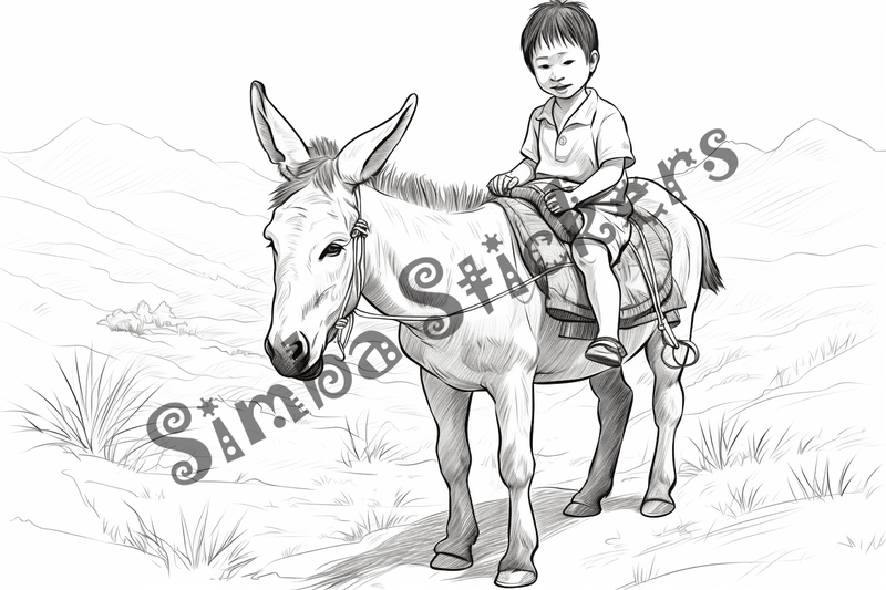Colouring pages, bundle of mules carrying passengers, 10 images