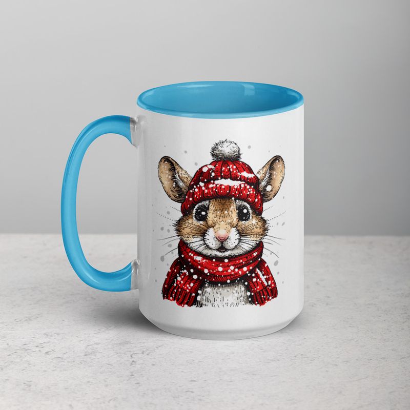 White Ceramic Mug with Color Inside, 11&amp;15oz, Mouse wearing red winter hat and scarf in snow, xg8dl3