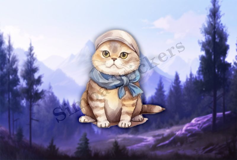 Scottish Fold cat with scarf, watercolour