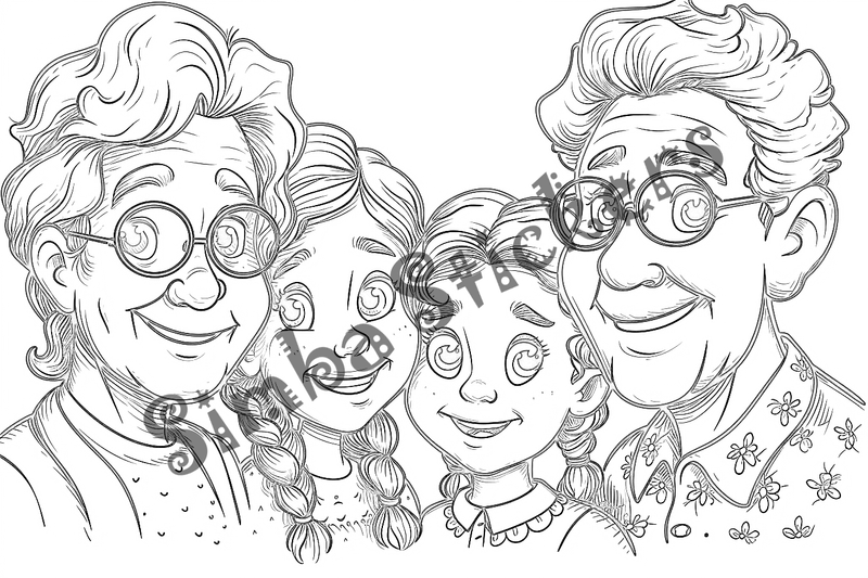 Colouring pages, bundle of people, grandparents with children, 25 images