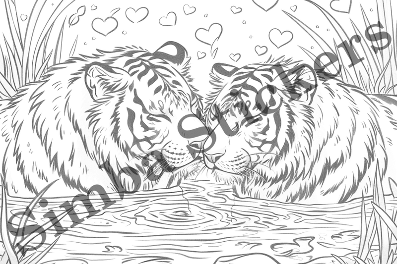 Colouring pages, bundle of tigers in love, 10 images