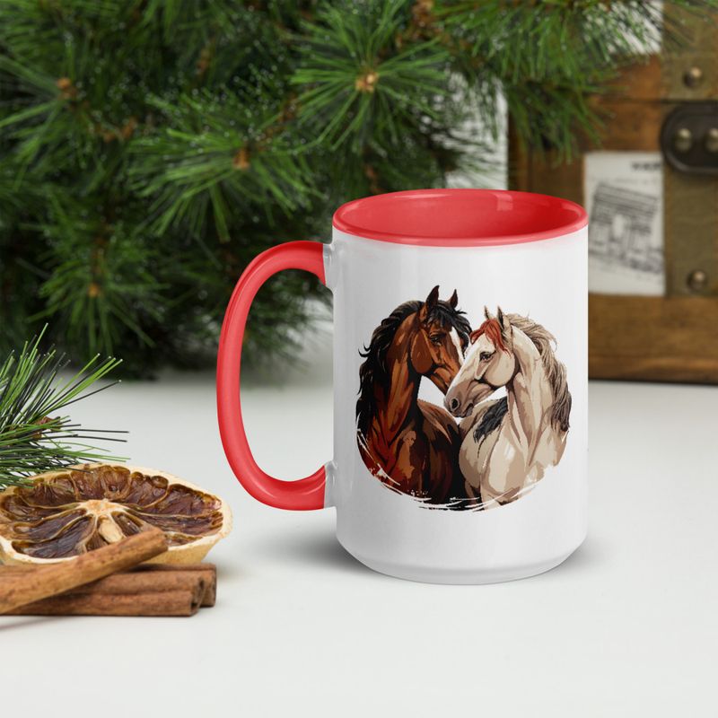White Ceramic Mug with Color Inside, 11&amp;15oz, Horses nose-to-nose, jbgjpy
