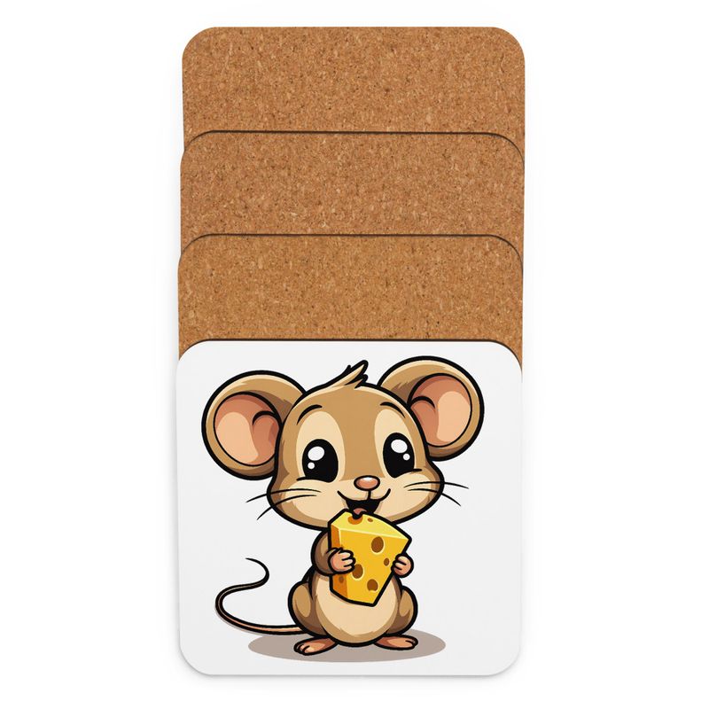 Cork-Back Coaster, Small Mouse happily licking large chunk of cheese, pqapy6, mirrorred