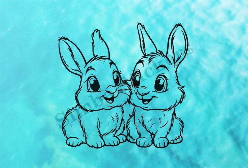 Bunnies in love,  cheek-to-cheek, outline art