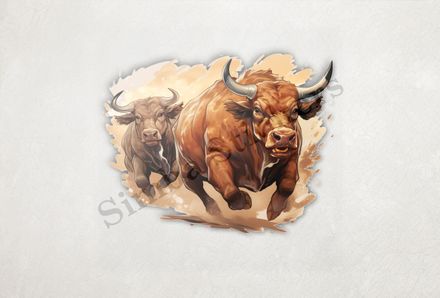 Bulls charging, 3 of them, watercolour