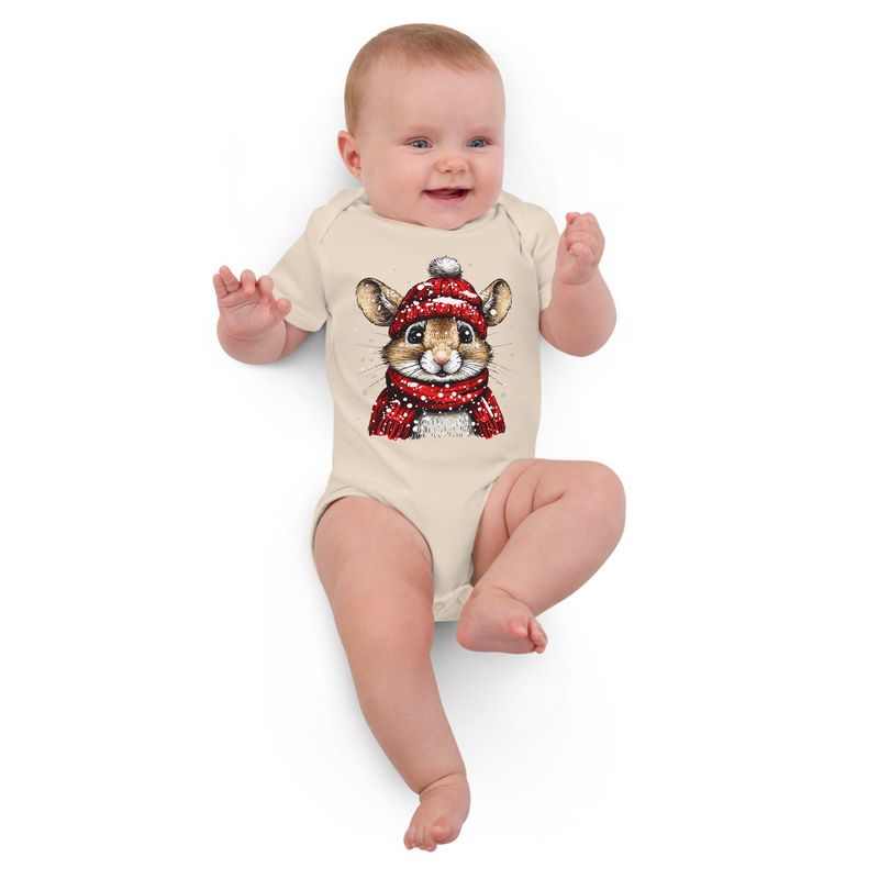 Organic Cotton Baby Bodysuit, 3-18 months, Mouse wearing red winter hat and scarf in the snow,xg8dl3