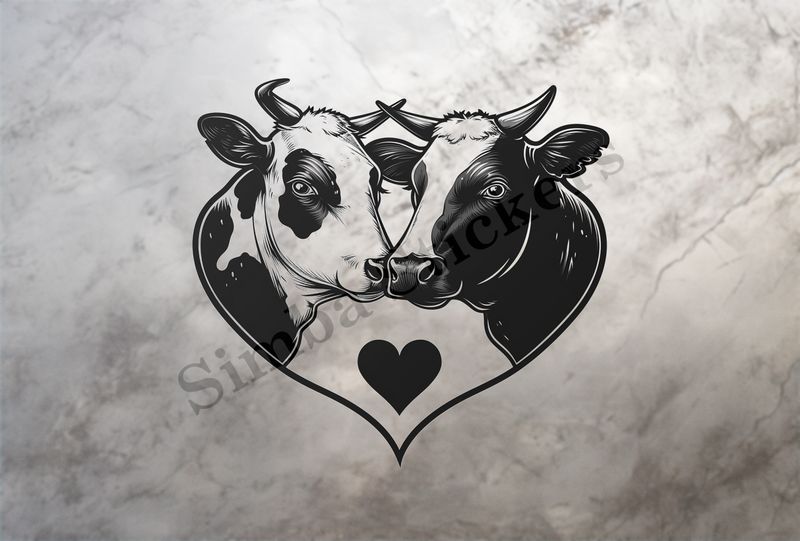 Bull and cow cheek-to-cheek, heart in picture, outline art