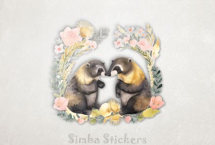 Honey Badgers surrounded by romantic laurel wreath, watercolour, mncsz5