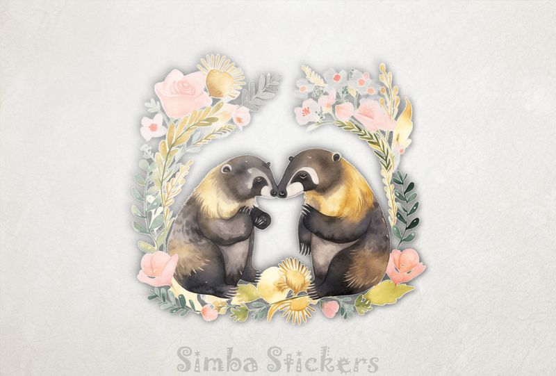 Honey Badgers surrounded by romantic laurel wreath, watercolour, mncsz5