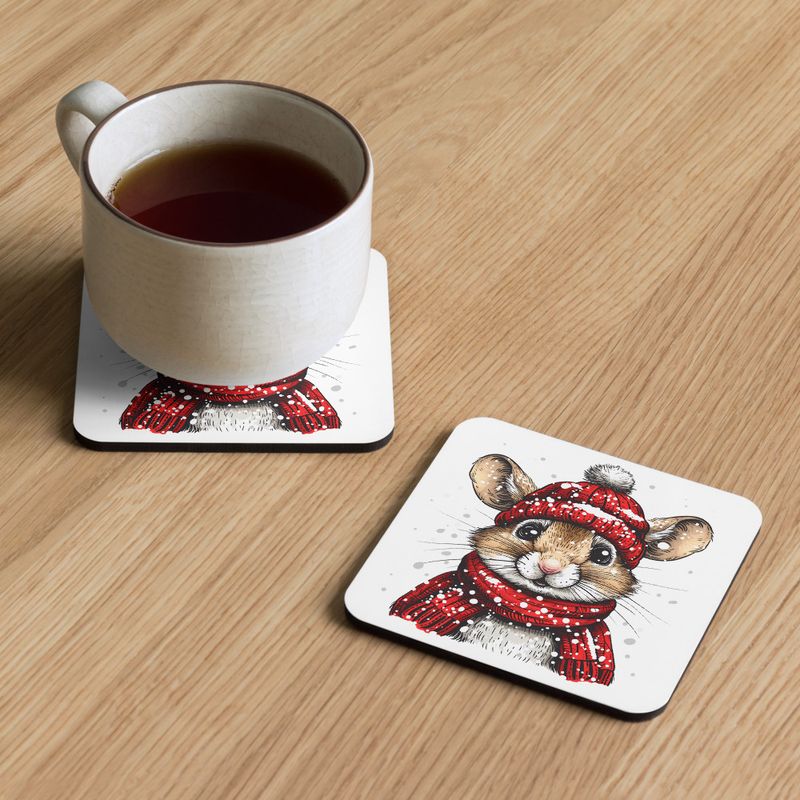 Cork-Back Coaster, Mouse wearing red winter hat and scarf in the snow, xg8dl3