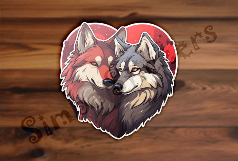 Wolves nose-to-nose, cuddling, in red heart shape