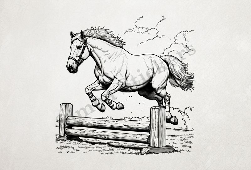 Horse jumping over an obstacle, outline art
