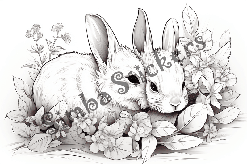 Colouring pages, bundle of rabbits in leaves or flowers, 10 images