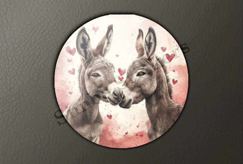 Small donkeys in love, hearts all around, watercolour