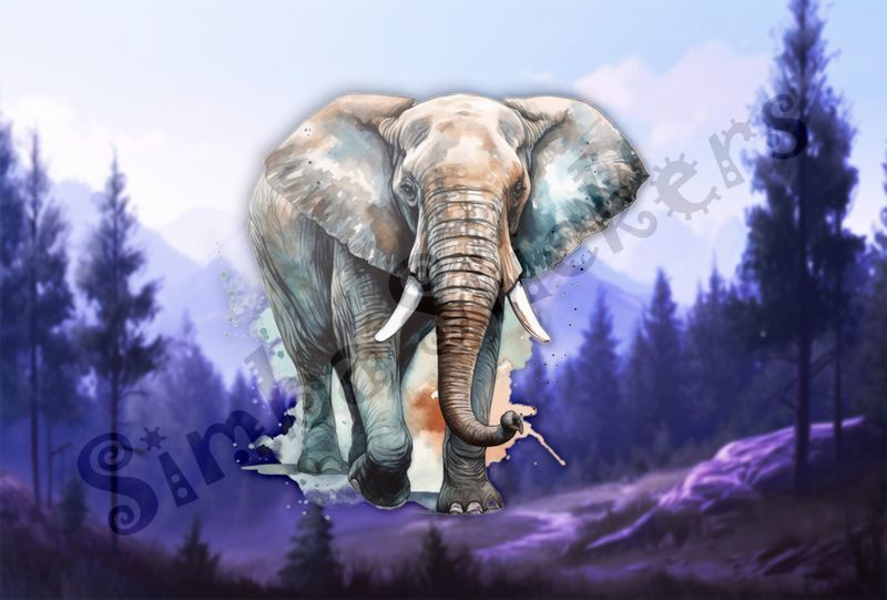 Elephant walking on grass, with light brown background, watercolour