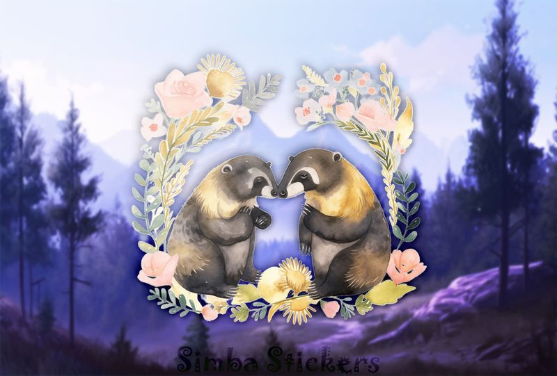 Honey Badgers surrounded by romantic laurel wreath, watercolour, mncsz5